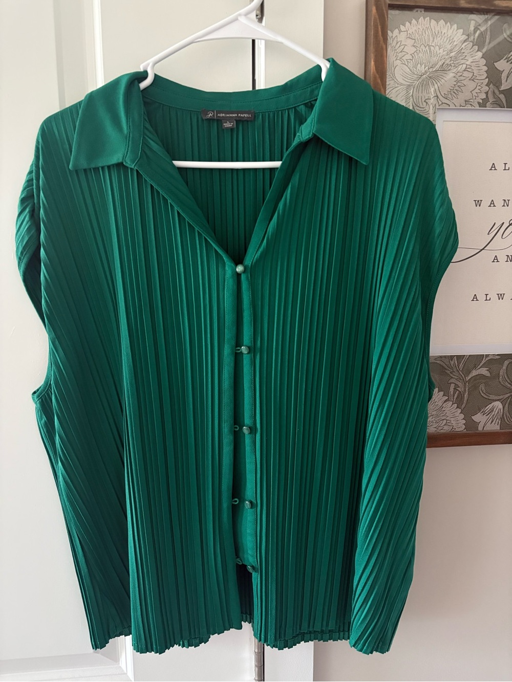 Adrianna Papell Emerald Green Pleated Button-Front Blouse